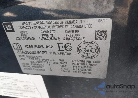 2011 GMC Terrain Sle-2 from USA, damaged, VIN 2CTALSEC6B6451457